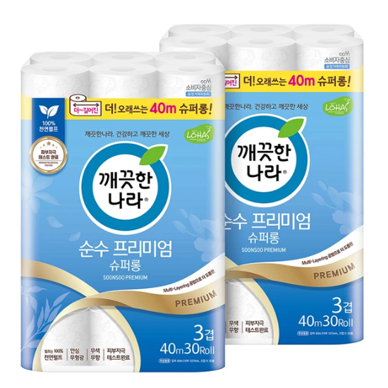 깨끗한나라 순수 프리미엄 슈퍼롱 40m x 30롤 x 2